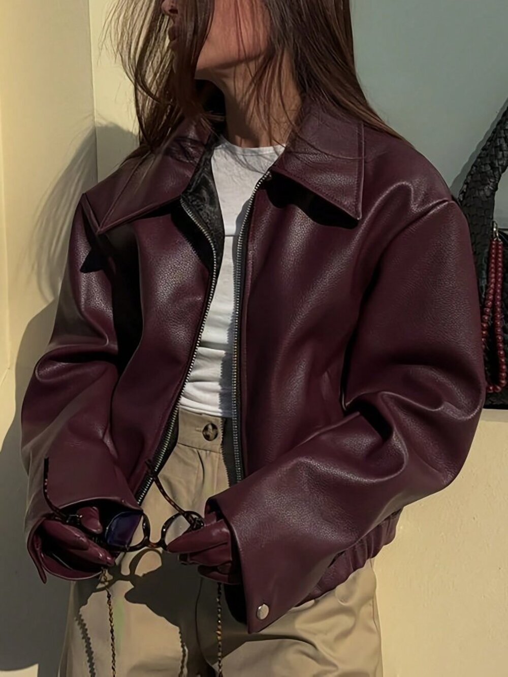 Burgundy Casual Women's Plus-Size Drop Shoulder Colorblock Biker Jacket - Picture 4 of 5